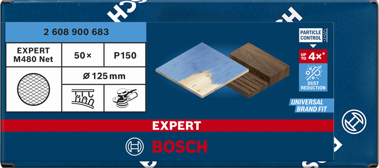 Bosch EXPERT M480 Net 125 mm P150 slīpēšanas diski, 50 gab. iepakojumā.