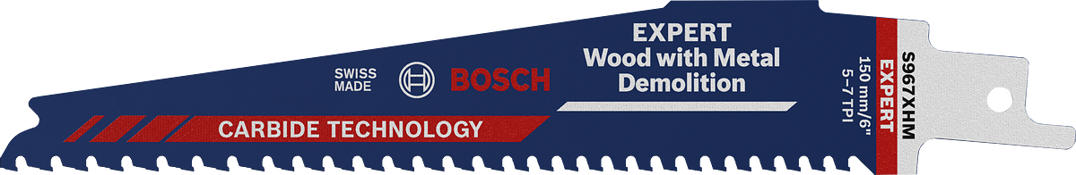 Bosch EXPERT Wood ar metāla demontāžu paredzētais virzuļzāģa asmens.