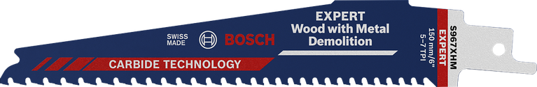 Bosch EXPERT Wood ar metāla demontāžu paredzētais virzuļzāģa asmens.