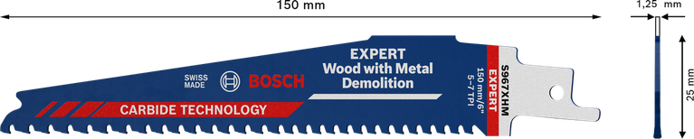 Bosch EXPERT Wood ar metāla demontāžu paredzētais virzuļzāģa asmens.