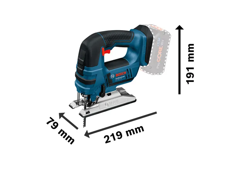 Bosch GST 18.0 V-LI B akumulatora figūrzāģis ar izmēru izmēriem.