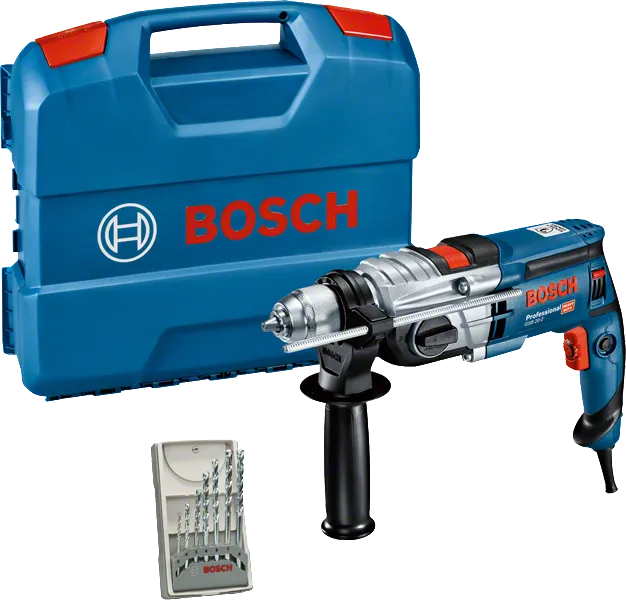 Bosch GSB 20-2 urbšanas komplekts ar sānu rokturi un pārnēsāšanas koferi.
