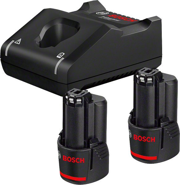 Bosch 12 V akumulatora lādētājs ar diviem 2,0 Ah akumulatoriem.