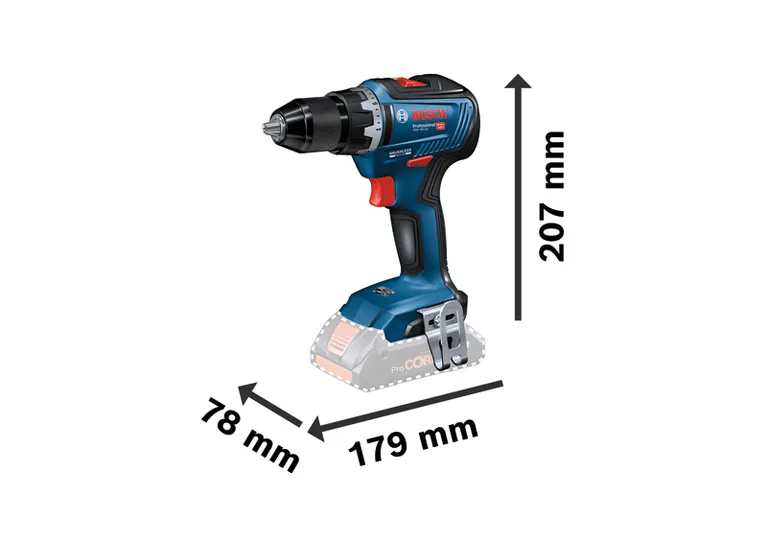 Bosch GSR 18V-55 akumulatora urbjmašīna, 207 mm augsta.