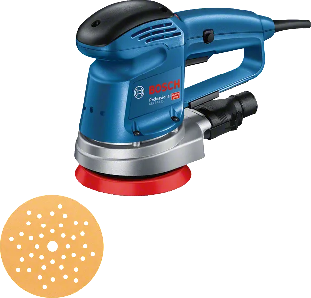 Bosch GEX 34-125 ekscentra slīpmašīna ar slīpēšanas disku.