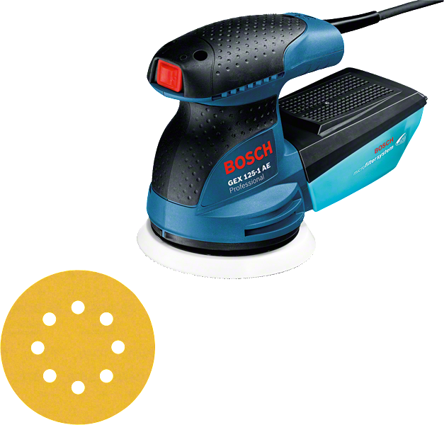 Bosch GEX 125-1 AE orbitālā slīpmašīna ar slīpēšanas disku.
