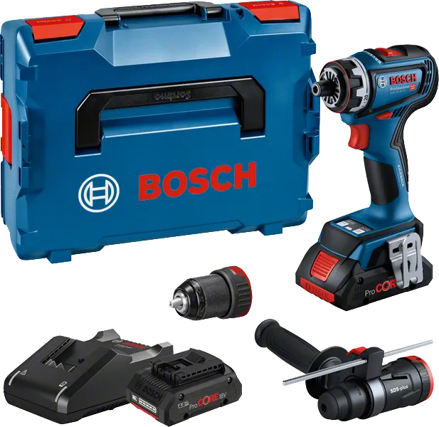 Bosch GSR 18V-90 FC akumulatora urbjmašīnas komplekts ar piederumiem.