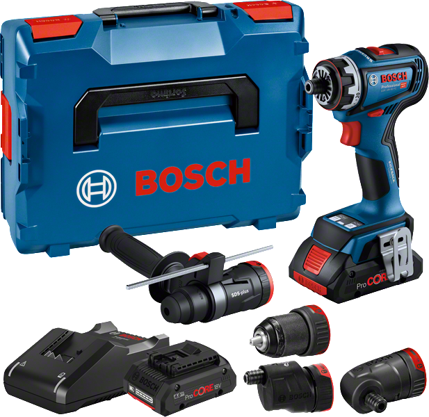 Bosch GSR 18V-90 FC urbjmašīnas komplekts ar koferi un stiprinājumiem.