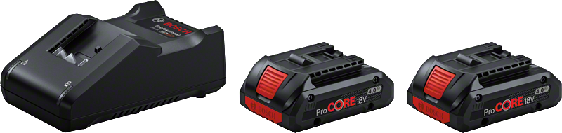 Bosch sākuma komplekts ar GAL 18V-40 lādētāju un diviem ProCORE18V 4.0Ah akumulatoriem.