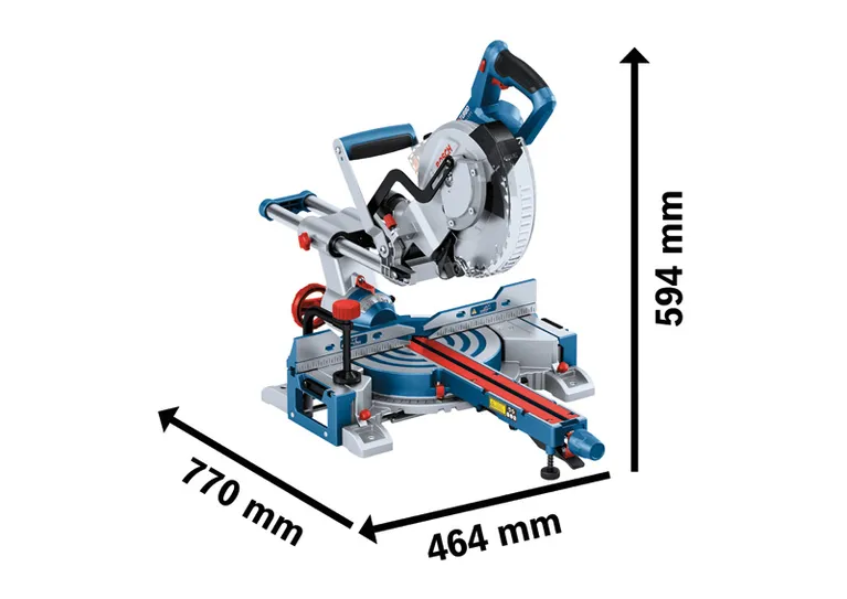 Bosch GCM 18V-216 akumulatora zāģis ar izmēriem.