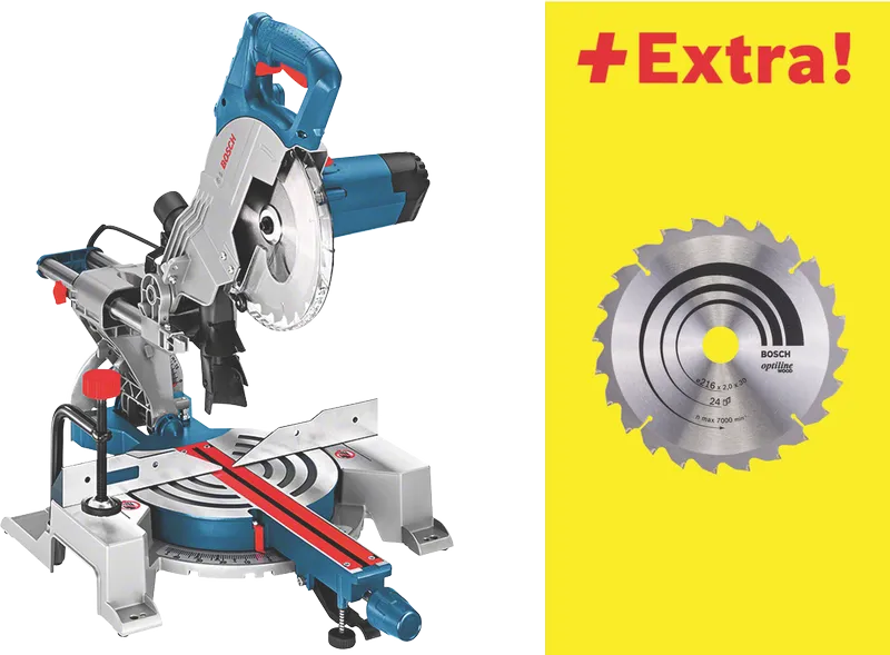 Bosch GCM 80 J zāģis ar papildu zāģa asmeni.