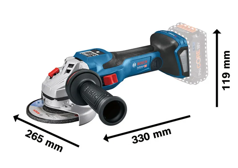 Bosch GWS 18V-15 SC akumulatora leņķa slīpmašīnas izmēri.