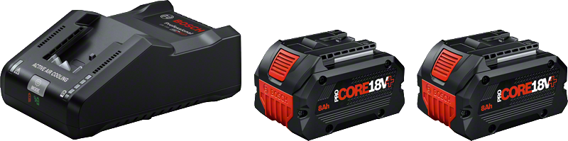 Bosch sākuma komplekts ar GAL 18V-160 lādētāju un diviem ProCORE18V+ 8.0Ah akumulatoriem.