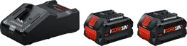 Bosch GAL 18V-160 lādētājs ar diviem ProCORE18V+ 8Ah akumulatoriem.