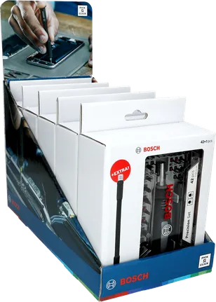 Bosch Precision Set 42 daļu skrūvgriežu uzgaļu displejs.