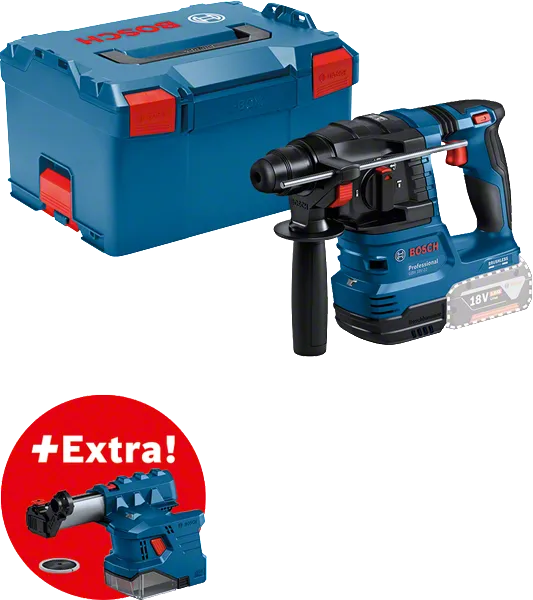 Bosch GBH 18V-22 perforators ar koferi un papildu putekļu nosūcēju.