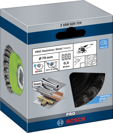 Bosch PRO X-Lock 75×0,5 mm nerūsējošā tērauda kausveida birste.