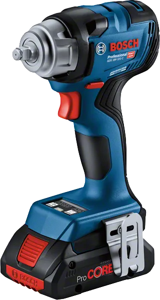 Bosch GDS 18V-320 C akumulatora triecienskrūvgriezis ar metāla jostas klipsi.