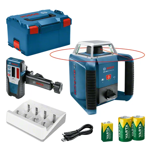 Bosch GRL 400 H lāzera līmeņošanas instruments ar uztvērēju un koferi.
