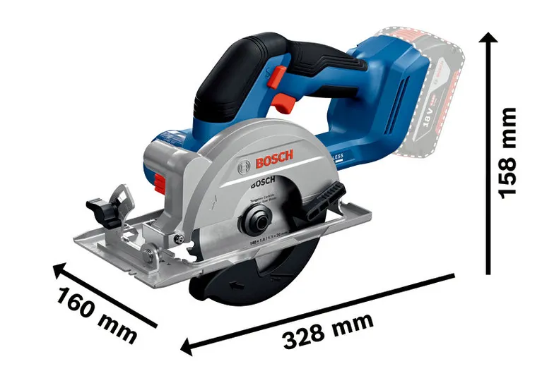 Bosch GKS18V-51 akumulatora riņķzāģis ar izmēru izmēriem.
