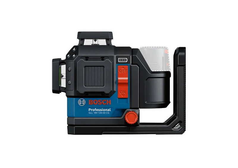 Bosch GLL 18V-120-33 CG lāzera līmeņošanas instruments ar ieslēgšanas/izslēgšanas slēdzi.