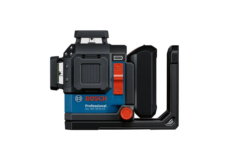 Bosch GLL 18V-120-33 CG lāzera līmeņošanas instruments, darbojas ar akumulatoru.