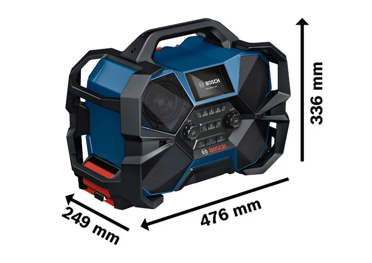 Bosch GPB 18VH-6 SRC radioaparāts, izturīgs dizains ar lieliem skaļruņiem.