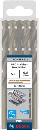 Bosch PRO nerūsējošā tērauda HSS-Co spirālurbju komplekts 9,8 mm.