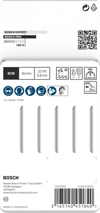 Bosch PRO nerūsējošā tērauda figūrzāģa asmeņi, 83 mm, 5 gab. iepakojumā.