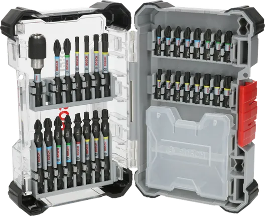 Bosch PRO triecienskrūvgriežu uzgaļu komplekts vitrīnā.