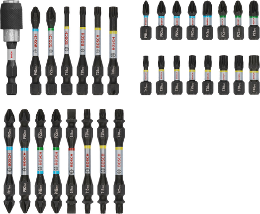 Bosch PRO trieciena skrūvgriežu uzgaļu komplekts, 31 uzgaļa displejs.