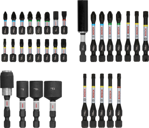 Bosch PRO triecienskrūvgriežu uzgaļu komplekts, 33 gab., uzgaļi ar krāsu kodējumu.