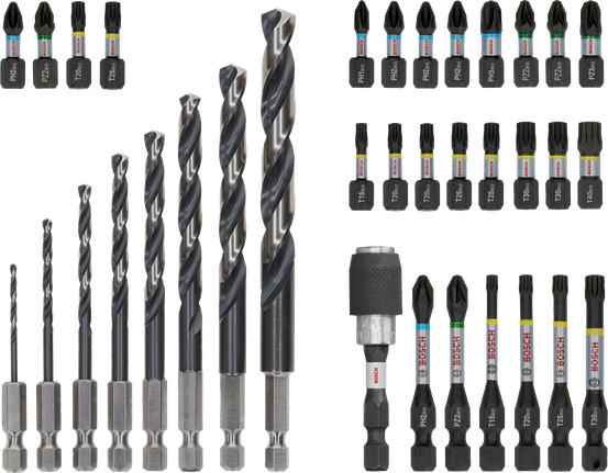 Bosch PRO triecienmetāla komplekts, 35 gab., dažādi urbšanas un skrūvgrieža uzgaļi.