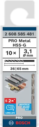 Bosch PRO Metal HSS-G spirālveida urbis 3,1 mm, 10 gabalu iepakojumā.