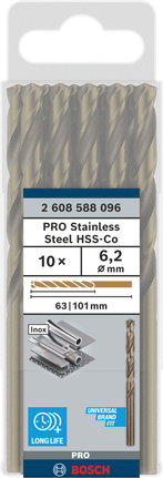 Bosch PRO nerūsējošā tērauda HSS-Co 6,2 mm urbju komplekts.