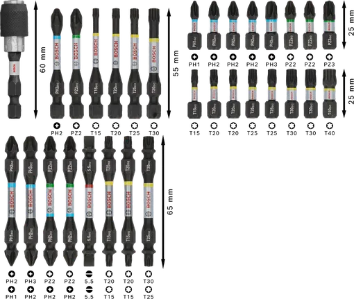 Bosch PRO triecienskrūvgriežu uzgaļu komplekts, 31 gab., dažādi izmēri.