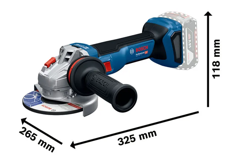Bosch GWS 18V-11 leņķa slīpmašīna ar ergonomisku rokturi.