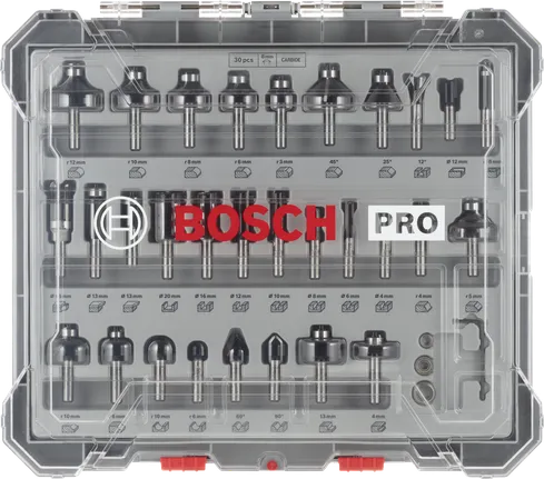 Bosch PRO frēzes uzgaļu jauktais komplekts, 8 mm kāts, 30 gab.