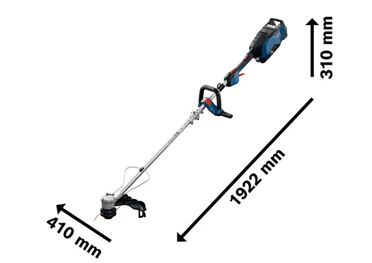 Bosch GRT 18V-40 akumulatora zāles trimmeris ar norādītajiem izmēriem.