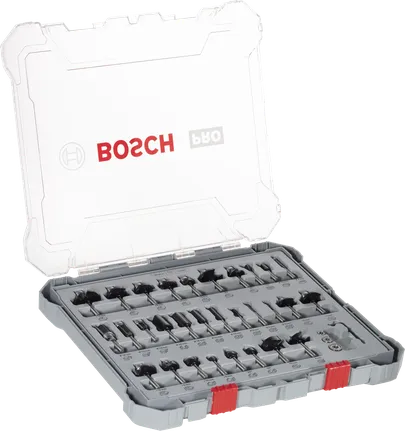 Bosch PRO frēzes uzgaļu jauktais komplekts, 30 daļas, uzglabāšanas kastē.
