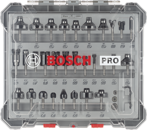 Bosch PRO frēzes uzgaļu jauktais komplekts, 30 gab., caurspīdīgā koferī.