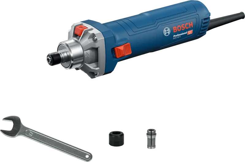 Bosch GGS 30 S taisnā slīpmašīna ar uzgriežņu atslēgu un piederumiem.