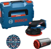 Bosch EXEX18V-150-5 akumulatora ekscentriskās slīpmašīnas komplekts.