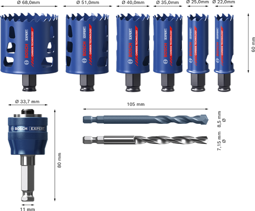 Bosch EXPERT Multi Material Power Change Plus caurumzāģu komplekts, 9 gab.