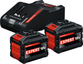 Bosch sākuma komplekts ar diviem 18 V 15 Ah akumulatoriem un lādētāju.