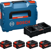 Bosch sākuma komplekts ar L-BOXX koferi, lādētāju un četriem 18 V akumulatoriem.