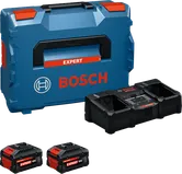 Bosch sākuma komplekts ar L-BOXX koferi, lādētāju un diviem 18 V akumulatoriem.