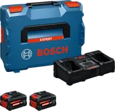 Bosch sākuma komplekts ar L-BOXX koferi, lādētāju un diviem 18 V akumulatoriem.