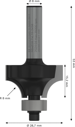 Bosch PRO frēzes uzgalis noapaļošanai virs R 8 mm kāta 8 mm.