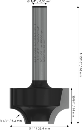 Bosch PRO frēzes uzgalis Ovolo R 1/4″ kāts 1/4″ malu veidošanai.
